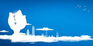 蓝色简约大气城市剪影云朵香港回归二十四周年展板背景香港回归24周年背景